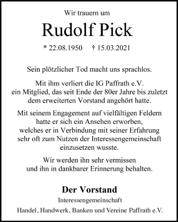 Anzeige von Rudolf Pick von  Bergisches Handelsblatt 