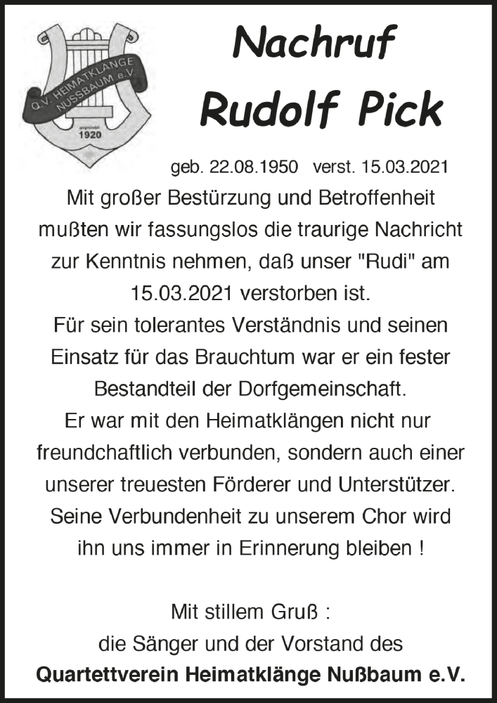  Traueranzeige für Rudolf Pick vom 19.03.2021 aus  Bergisches Handelsblatt 
