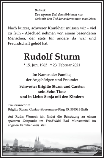 Anzeige von Rudolf Sturm von  Wochenende 