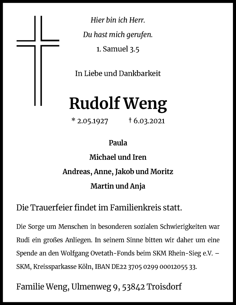  Traueranzeige für Rudolf Weng vom 13.03.2021 aus Kölner Stadt-Anzeiger / Kölnische Rundschau / Express