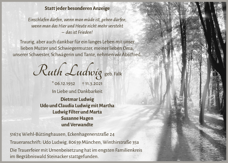 Traueranzeige für Ruth Ludwig vom 19.03.2021 aus  Anzeigen Echo  Lokalanzeiger 