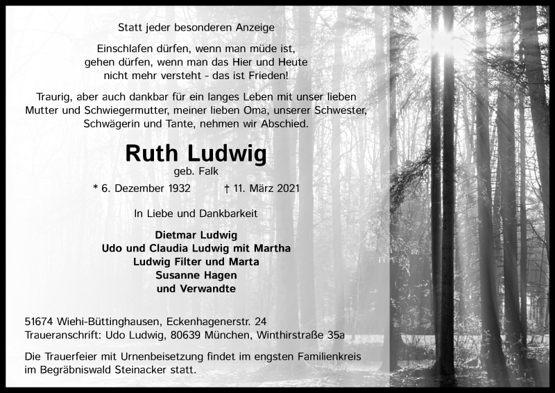  Traueranzeige für Ruth Ludwig vom 13.03.2021 aus Kölner Stadt-Anzeiger / Kölnische Rundschau / Express