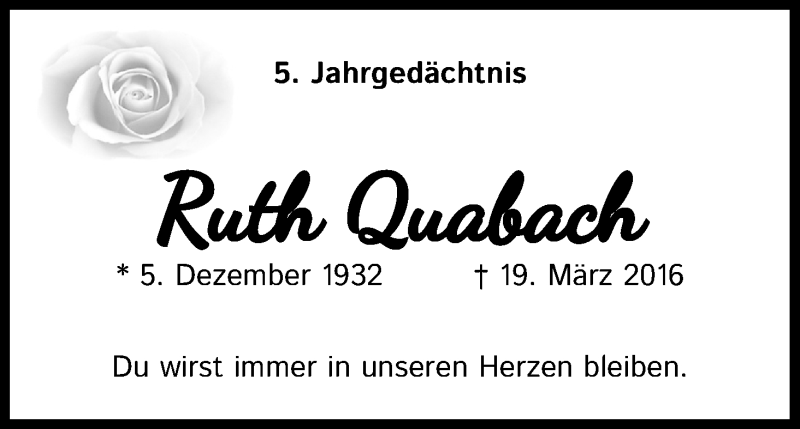  Traueranzeige für Ruth Quabach vom 19.03.2021 aus Kölner Stadt-Anzeiger / Kölnische Rundschau / Express