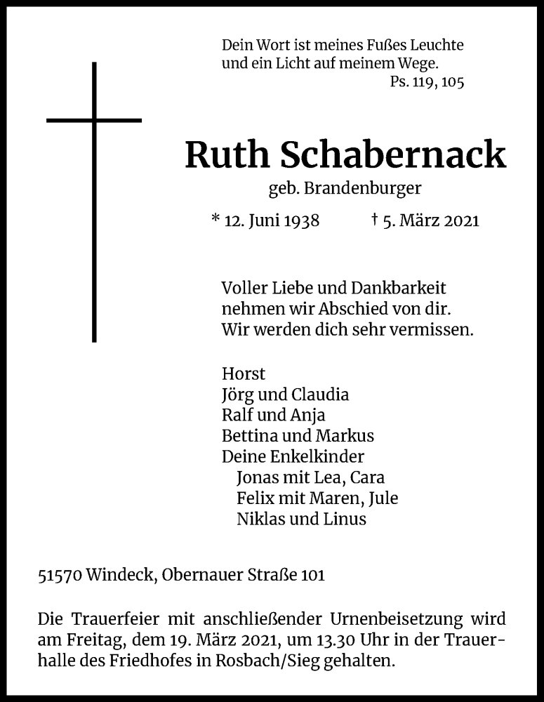  Traueranzeige für Ruth Schabernack vom 13.03.2021 aus Kölner Stadt-Anzeiger / Kölnische Rundschau / Express