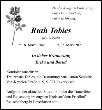 Anzeige von Ruth Tobies von Kölner Stadt-Anzeiger / Kölnische Rundschau / Express