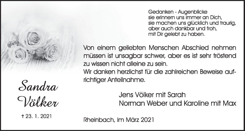  Traueranzeige für Sandra Völker vom 05.03.2021 aus  Schaufenster/Blickpunkt 