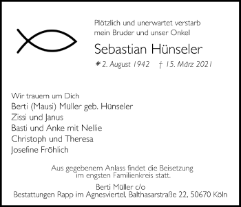 Anzeige von Sebastian Hünseler von Kölner Stadt-Anzeiger / Kölnische Rundschau / Express
