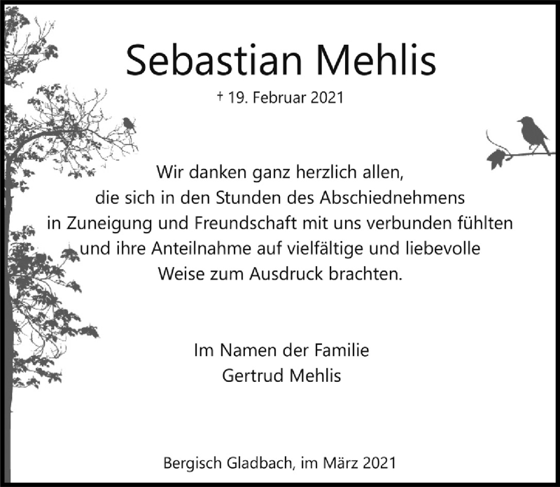  Traueranzeige für Sebastian Mehlis vom 19.03.2021 aus  Bergisches Handelsblatt 