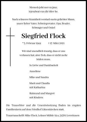 Anzeige von Siegfried Flock von Kölner Stadt-Anzeiger / Kölnische Rundschau / Express