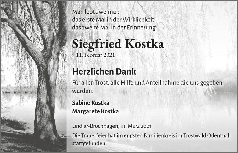 Traueranzeige für Siegfried Kostka vom 19.03.2021 aus  Anzeigen Echo 