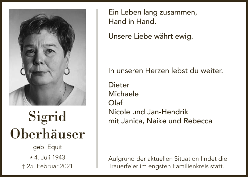  Traueranzeige für Sigrid Oberhäuser vom 05.03.2021 aus  Bergisches Handelsblatt 
