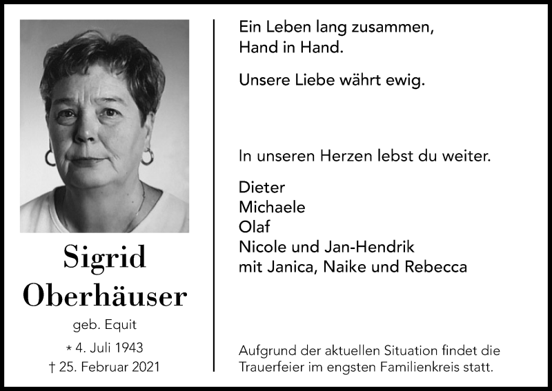  Traueranzeige für Sigrid Oberhäuser vom 06.03.2021 aus Kölner Stadt-Anzeiger / Kölnische Rundschau / Express