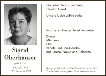 Anzeige von Sigrid Oberhäuser von  Bergisches Handelsblatt 