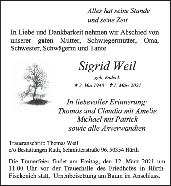 Anzeige von Sigrid Weil von  Wochenende 