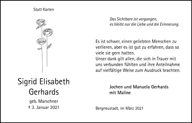  Traueranzeige für Sigrid Elisabeth Gerhards vom 12.03.2021 aus  Anzeigen Echo 