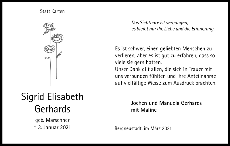  Traueranzeige für Sigrid Elisabeth Gerhards vom 13.03.2021 aus Kölner Stadt-Anzeiger / Kölnische Rundschau / Express