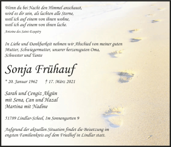 Anzeige von Sonja Frühauf von  Anzeigen Echo 