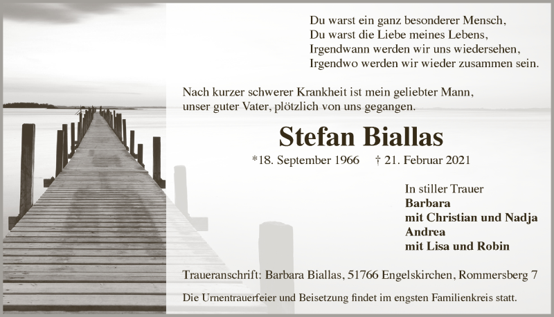  Traueranzeige für Stefan Biallas vom 05.03.2021 aus  Anzeigen Echo 