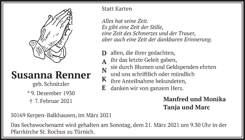  Traueranzeige für Susanna Renner vom 12.03.2021 aus  Werbepost 