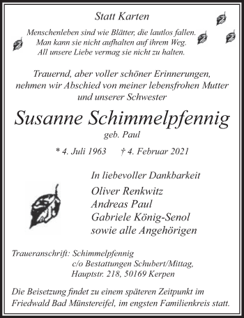 Anzeige von Susanne Schimmelpfennig von  Wochenende 