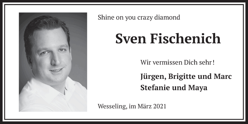  Traueranzeige für Sven Fischenich vom 19.03.2021 aus  Schlossbote/Werbekurier 