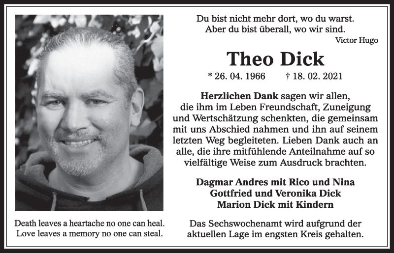  Traueranzeige für Theo Dick vom 26.03.2021 aus  Werbepost 