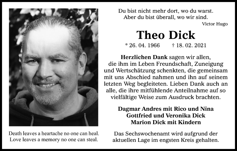  Traueranzeige für Theo Dick vom 27.03.2021 aus Kölner Stadt-Anzeiger / Kölnische Rundschau / Express