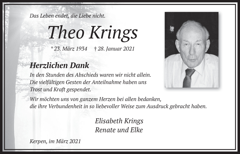  Traueranzeige für Theo Krings vom 12.03.2021 aus  Werbepost 