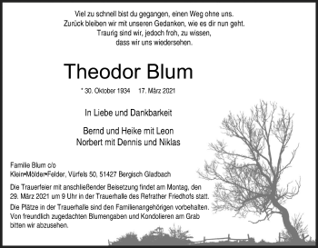 Anzeige von Theodor Blum von Kölner Stadt-Anzeiger / Kölnische Rundschau / Express