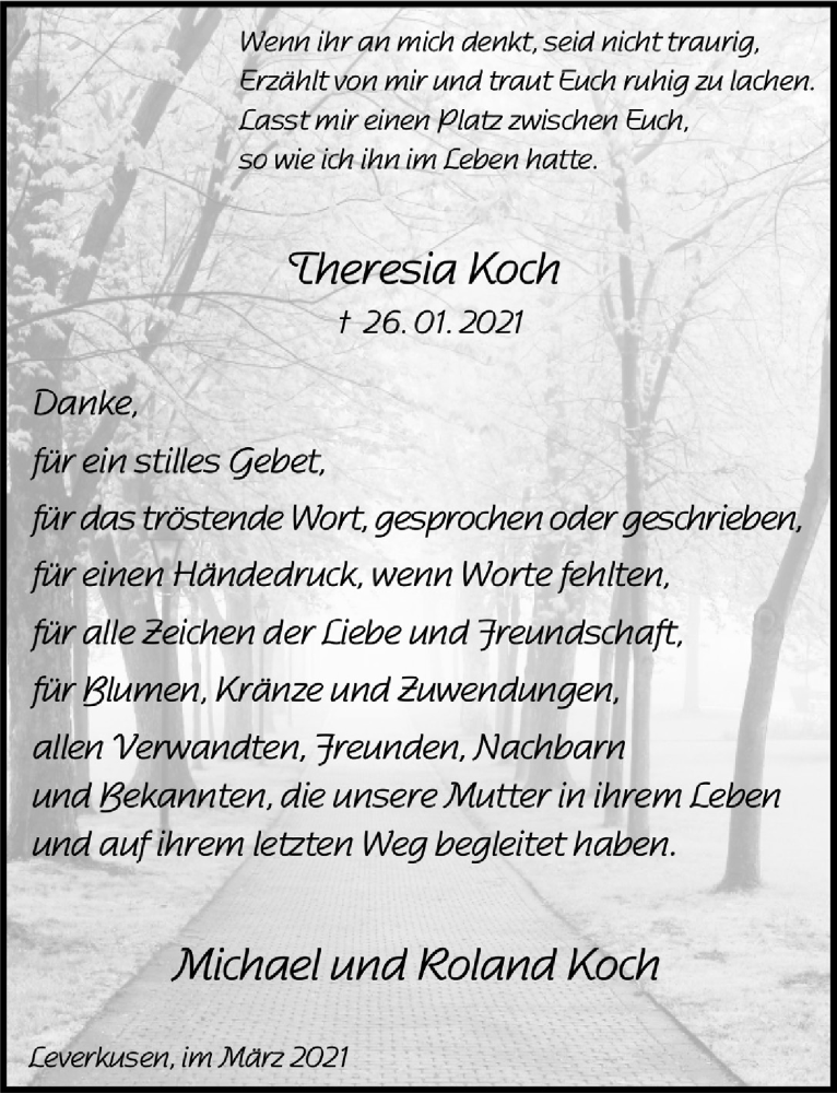  Traueranzeige für Theresia Koch vom 19.03.2021 aus  Lokale Informationen 