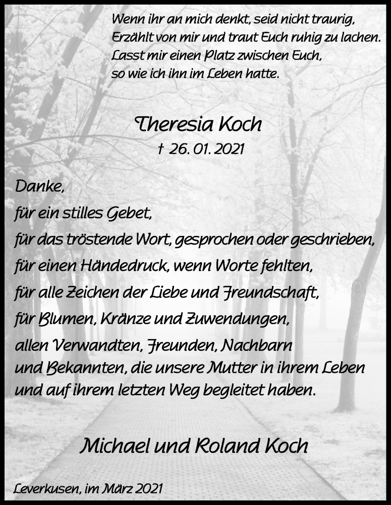  Traueranzeige für Theresia Koch vom 20.03.2021 aus Kölner Stadt-Anzeiger / Kölnische Rundschau / Express