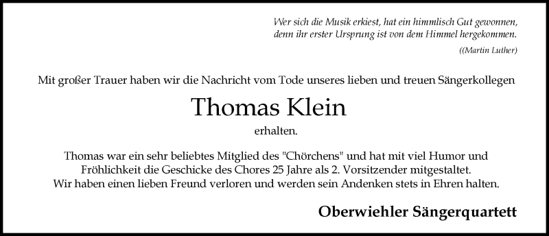  Traueranzeige für Thomas Klein vom 12.03.2021 aus  Anzeigen Echo 