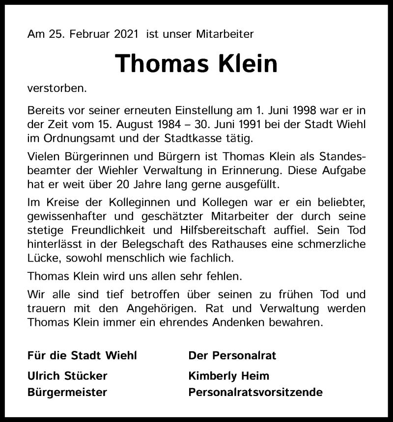  Traueranzeige für Thomas Klein vom 13.03.2021 aus Kölner Stadt-Anzeiger / Kölnische Rundschau / Express