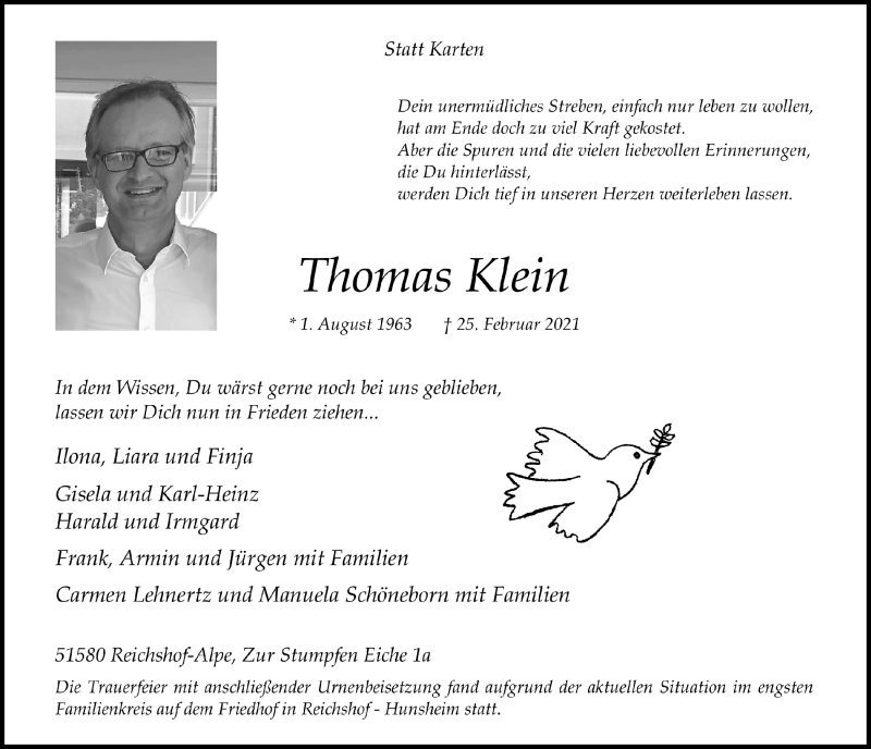  Traueranzeige für Thomas Klein vom 12.03.2021 aus  Anzeigen Echo 