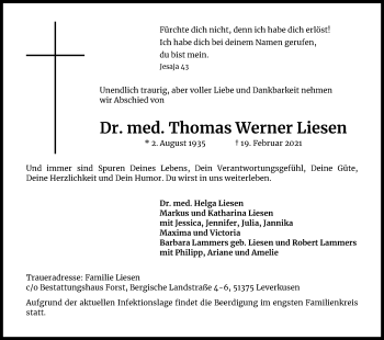 Anzeige von Thomas Werner Liesen von Kölner Stadt-Anzeiger / Kölnische Rundschau / Express