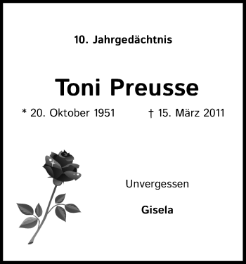 Anzeige von Toni Preusse von Kölner Stadt-Anzeiger / Kölnische Rundschau / Express