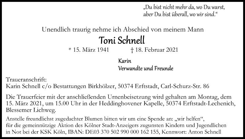  Traueranzeige für Toni Schnell vom 06.03.2021 aus Kölner Stadt-Anzeiger / Kölnische Rundschau / Express