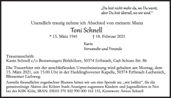 Anzeige von Toni Schnell von  Werbepost 