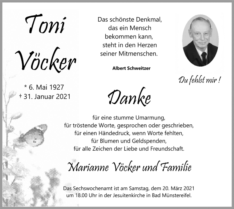  Traueranzeige für Toni Vöcker vom 13.03.2021 aus  Blickpunkt Euskirchen 