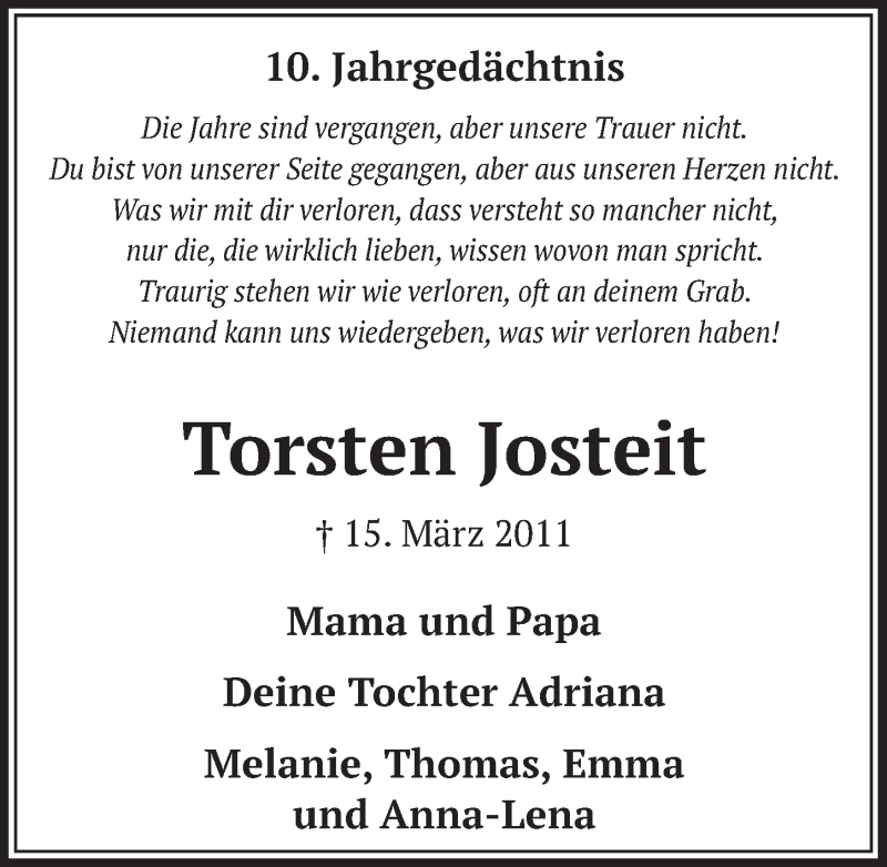  Traueranzeige für Torsten Josteit vom 12.03.2021 aus  Wochenende 