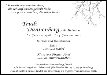 Anzeige von Trudi Dannenberg von Kölner Stadt-Anzeiger / Kölnische Rundschau / Express