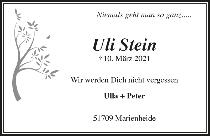  Traueranzeige für Uli Stein vom 19.03.2021 aus  Anzeigen Echo 