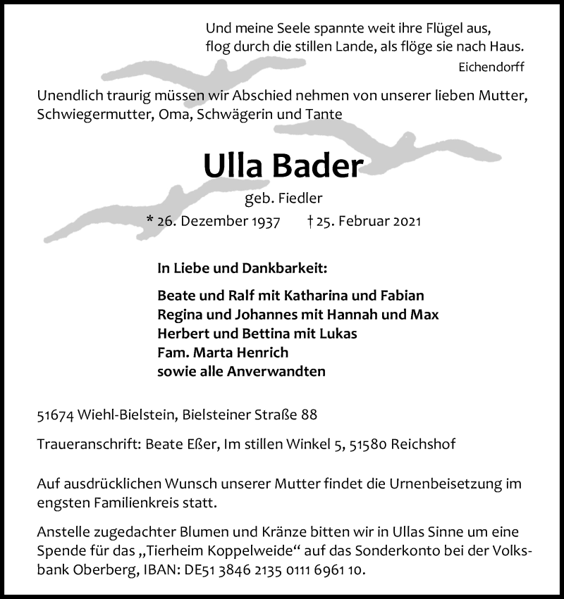  Traueranzeige für Ulla Bader vom 06.03.2021 aus Kölner Stadt-Anzeiger / Kölnische Rundschau / Express
