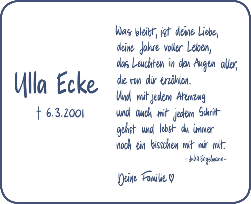  Traueranzeige für Ulla Ecke vom 06.03.2021 aus  Blickpunkt Euskirchen 