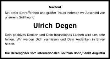 Anzeige von Ulrich Degen von Kölner Stadt-Anzeiger / Kölnische Rundschau / Express