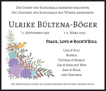 Anzeige von Ulrike Bültena-Böger von Kölner Stadt-Anzeiger / Kölnische Rundschau / Express