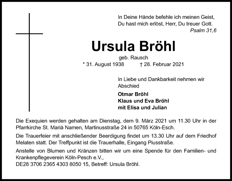  Traueranzeige für Ursula Bröhl vom 06.03.2021 aus Kölner Stadt-Anzeiger / Kölnische Rundschau / Express