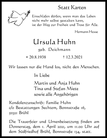 Anzeige von Ursula Huhn von Kölner Stadt-Anzeiger / Kölnische Rundschau / Express