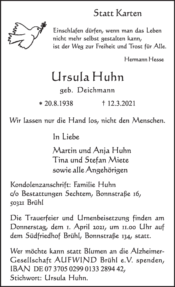  Traueranzeige für Ursula Huhn vom 19.03.2021 aus  Schlossbote/Werbekurier 