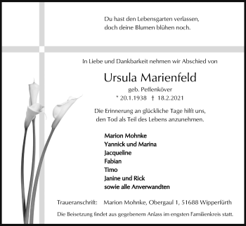 Anzeige von Ursula Marienfeld von Kölner Stadt-Anzeiger / Kölnische Rundschau / Express